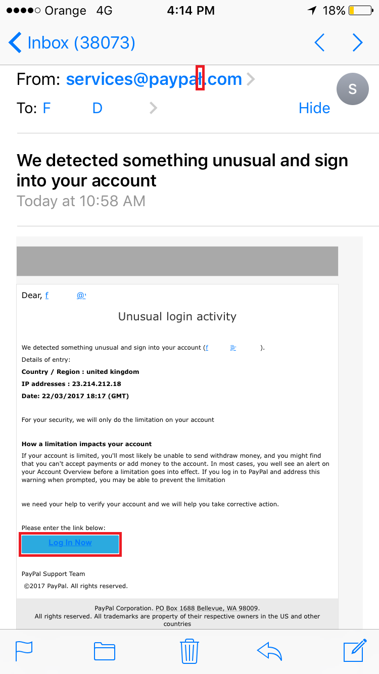 Grafika prezentująca informacje o ataku pishingowym z adresu service@paypał.com