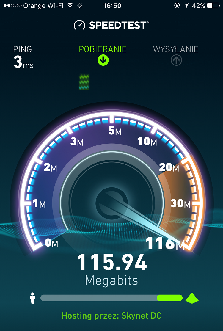 Speedtest wykonany na WiFi z FunBox 3.0.