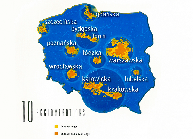 Mapa zasięgu sieci IDEA na początku istnienia obejmująca 10 aglomeracji - szczecińską, gdańską, bydgoską, toruńską, warszawską, wrocławską, katowicką, krakowską i łódzką oraz lubelską.