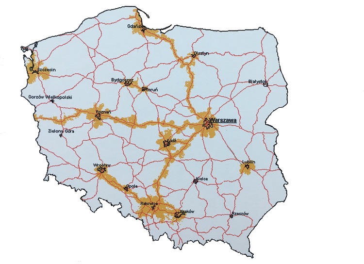 mapa zasięgu sieci Idea w 1999 r obejmująca Szczecin, Poznań, Gdańsk, Olsztyn, Łódź, Wrocław, Opole, Kraków, Katowice i Lublin wraz z trasami pomiędzy nimi