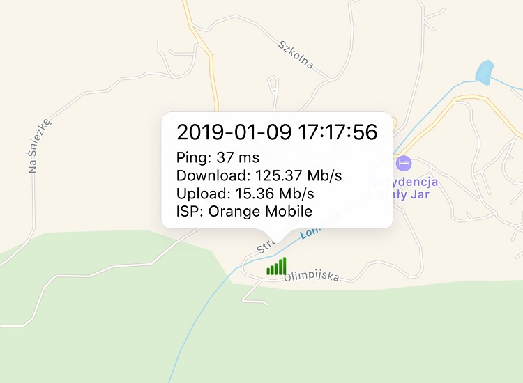 test prędkości łącza mobilnego wykonany w karpaczu pokazuje prędkość 125 Mb/s