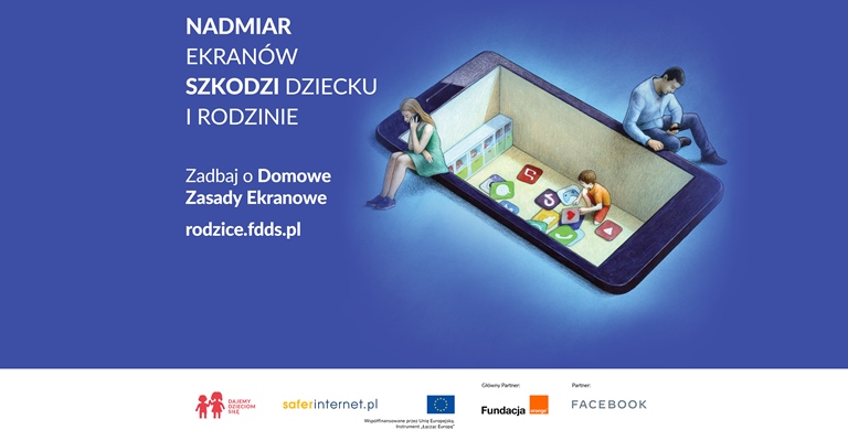 Plakat kampanii Domowe zasady ekranowe - rodzice na brzegu otworu, który ma kształt dużego telefonu, a dziecko samo bawi się ma dnie otworu aplikacjami telefonicznymi