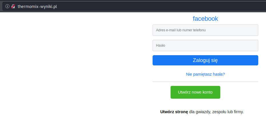 Fałszywa strona logowania do Facebooka pod szyldem konkursu Thermomix